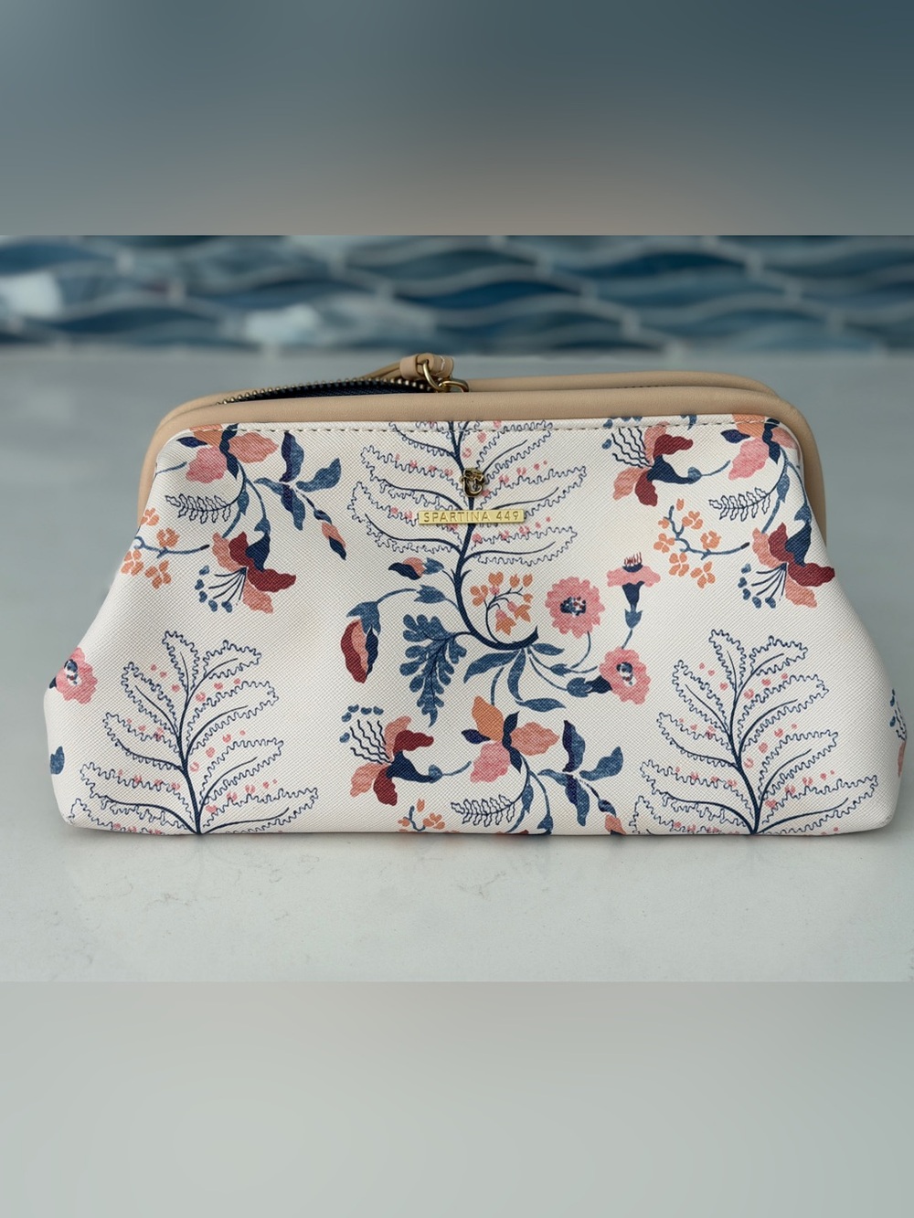 Spartina 449 Cream Floral Cosmetic Pouch with Navy & Pink Accents